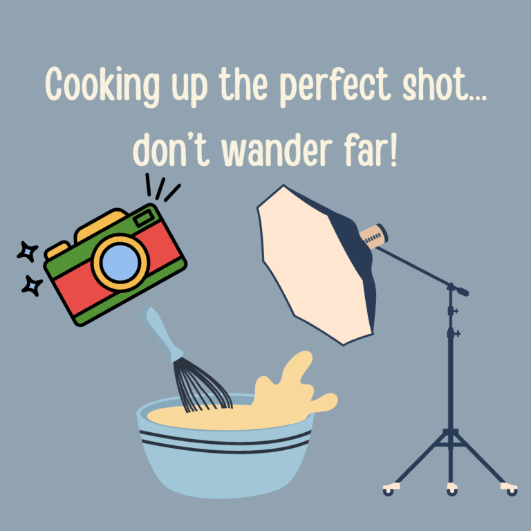 a cameral, mixing bowl, and flash with the caption "cooking up the perfect shot...don't wander far"