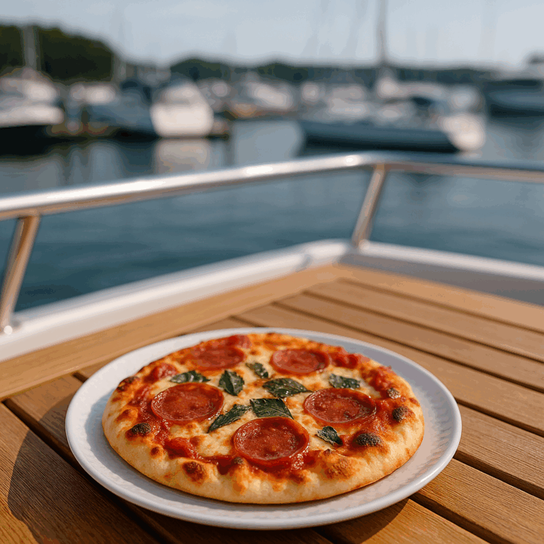 a pepporoni pizza on the deck of a boat with water and boats in the background