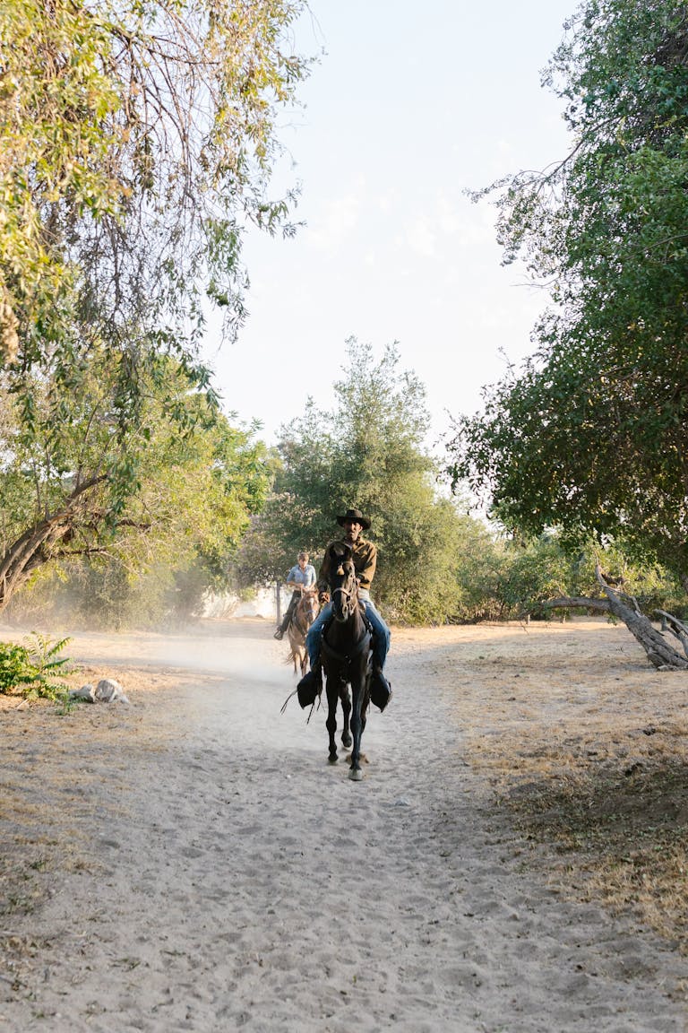 Two people riding horses through a dusty countryside path lined with trees.